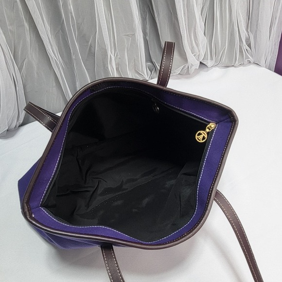 Purple Canvas 17" Shoulder Bucket Bag Carrying Tote with Brown Straps - Picture 8 of 11